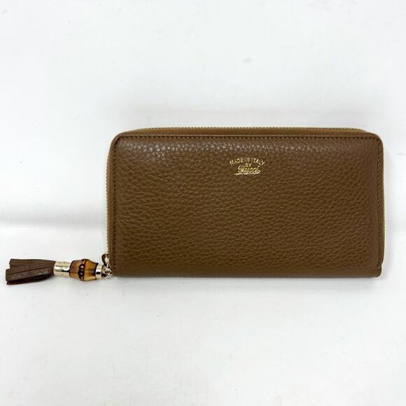 Gucci Bamboo Tassel Zip Continental Wallet Brown Textured Leather Italy - Picture 1 of 7